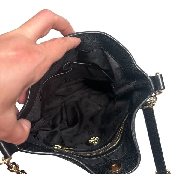 Tory Burch Black Stacked T Book Bag Pebbled Leather Crossbody - Picture 8 of 16